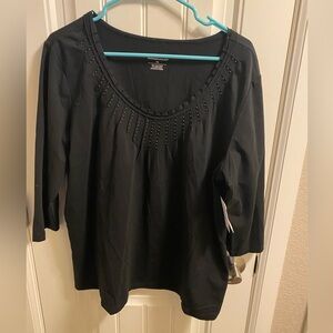 NWT Christopher Banks XL Top Black Beaded 3/4 Sleeve Stretch Blouse Shirt New